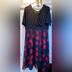 Black Midi Dress, faux wrapped with black and red rose chiffon bottom, XL